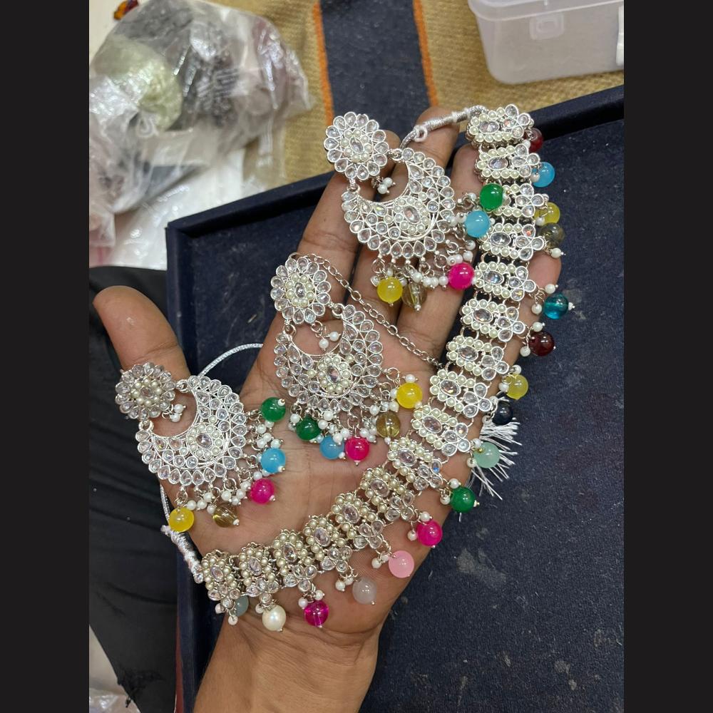 Shree Chamunda Jewellers Silver Plated Crystal Stone And Beads Necklace Set