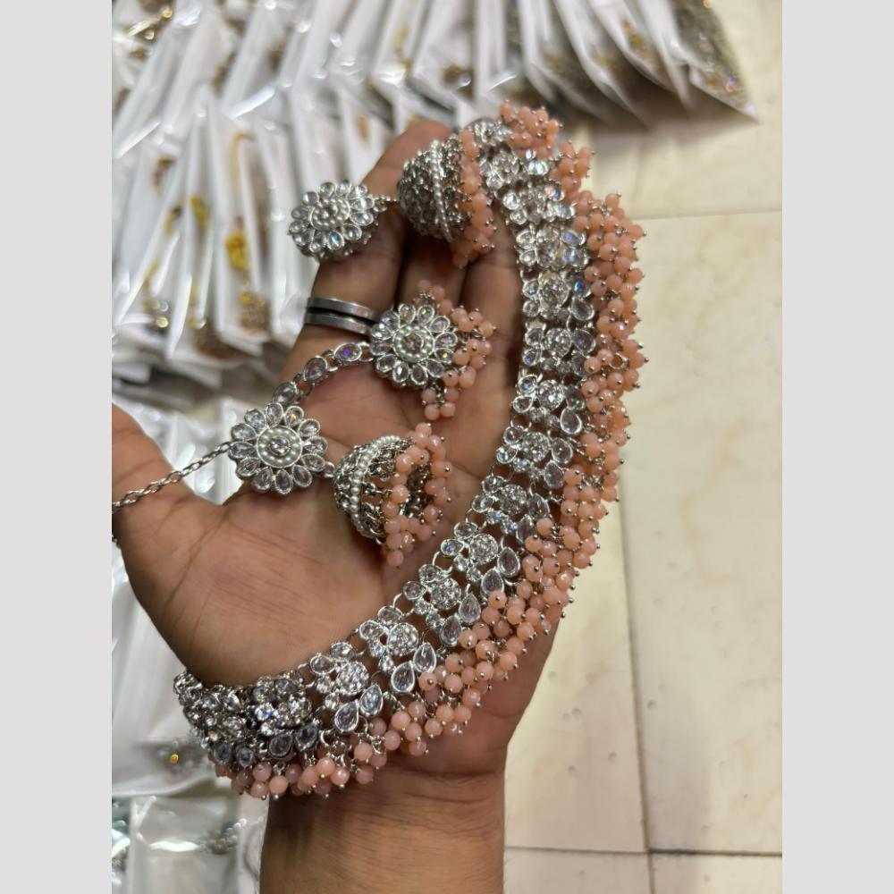Shree Chamunda Jewellers Graceful Rhodium Plated Crystal And Pearl Necklace Set