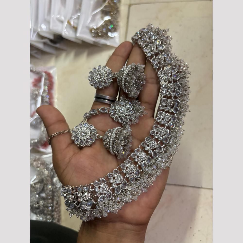 Shree Chamunda Jewellers Graceful Rhodium Plated Crystal And Pearl Necklace Set