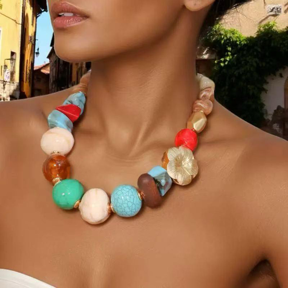 Tarohi Jewels Multicolor Resin Beaded Statement Necklace with Gold Flower Detail