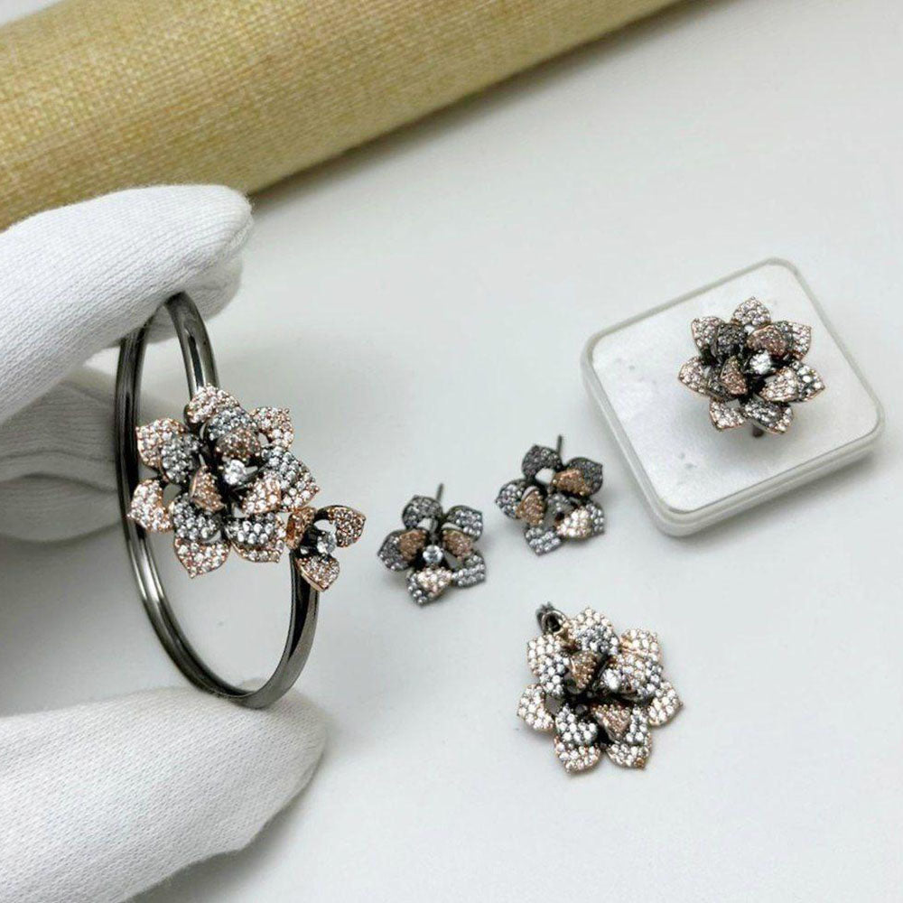 Aamrapali American Diamond Floral Jewellery Combo Set (Bracelet, Pendant, Ring & Earring Studs)