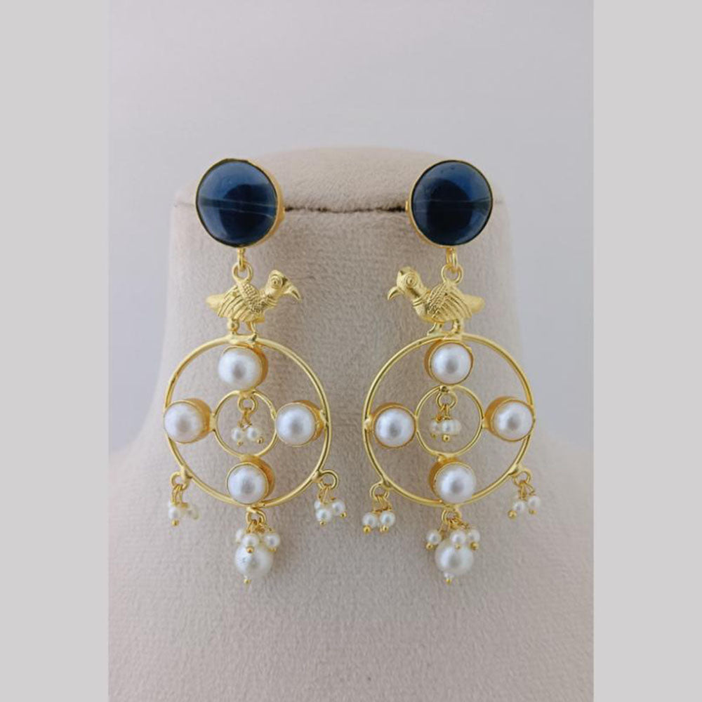 Marudhar Creations Gold Plated Matte Finish Pota Stone And Pearls Dangler Earrings