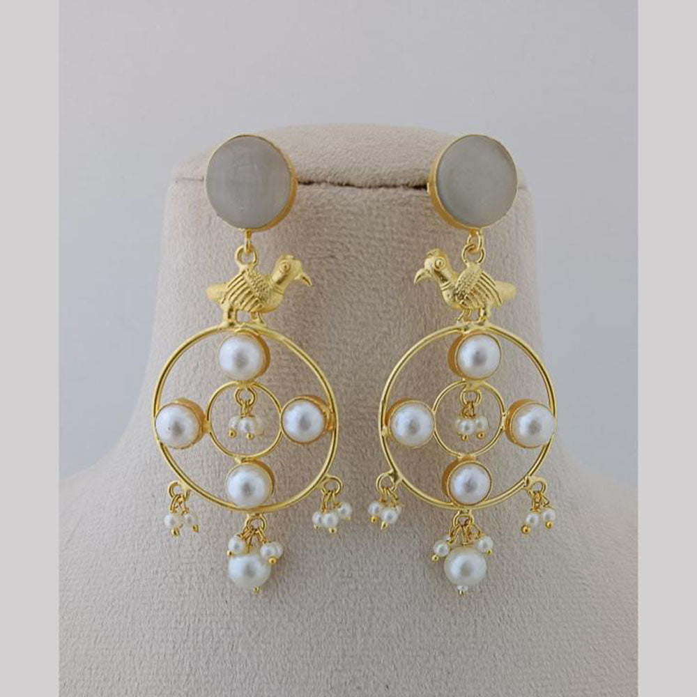 Marudhar Creations Gold Plated Matte Finish Pota Stone And Pearls Dangler Earrings