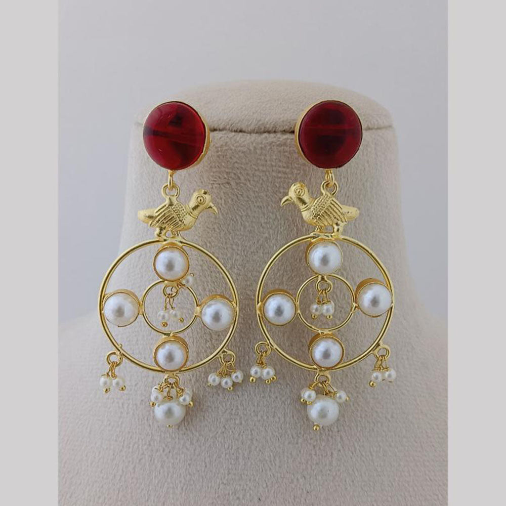 Marudhar Creations Gold Plated Matte Finish Pota Stone And Pearls Dangler Earrings