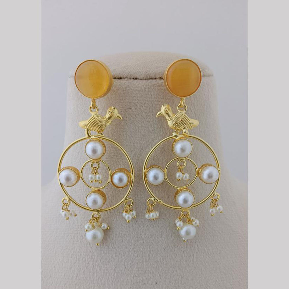 Marudhar Creations Gold Plated Matte Finish Pota Stone And Pearls Dangler Earrings