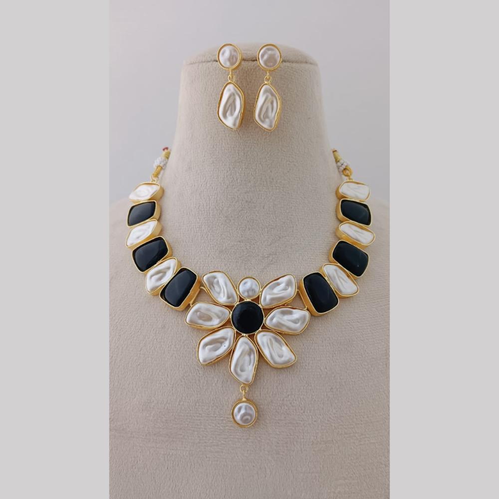 Marudhar Creations Gold Plated Matte Finish Pota Stone And Mother Of Pearls Necklace Set