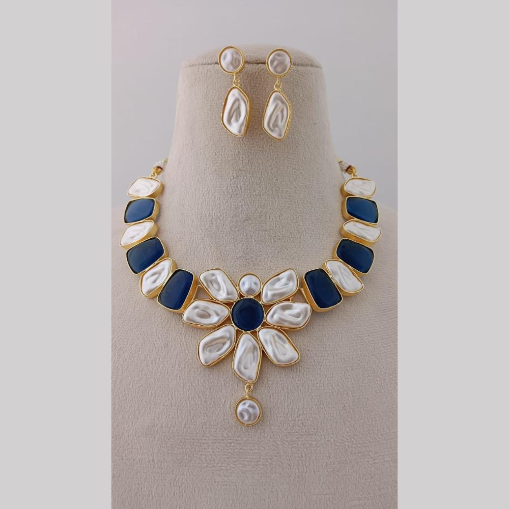 Marudhar Creations Gold Plated Matte Finish Pota Stone And Mother Of Pearls Necklace Set