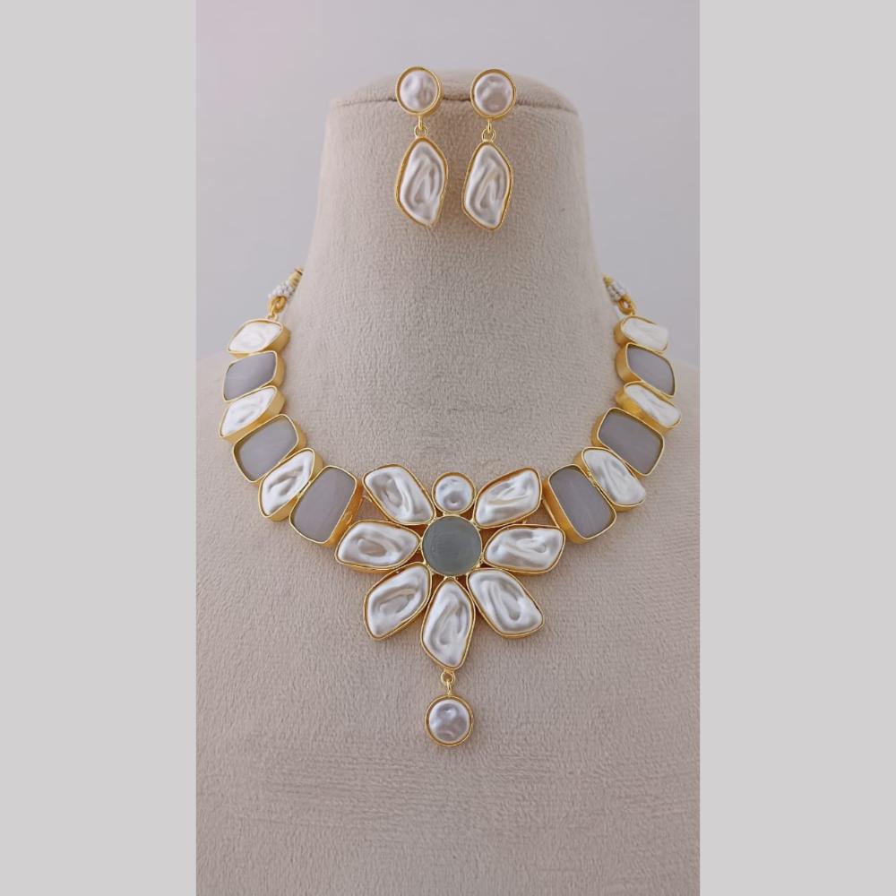 Marudhar Creations Gold Plated Matte Finish Pota Stone And Mother Of Pearls Necklace Set