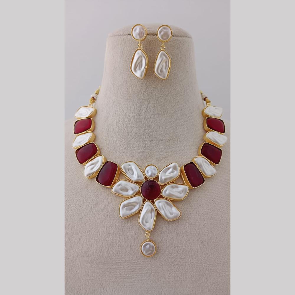 Marudhar Creations Gold Plated Matte Finish Pota Stone And Mother Of Pearls Necklace Set