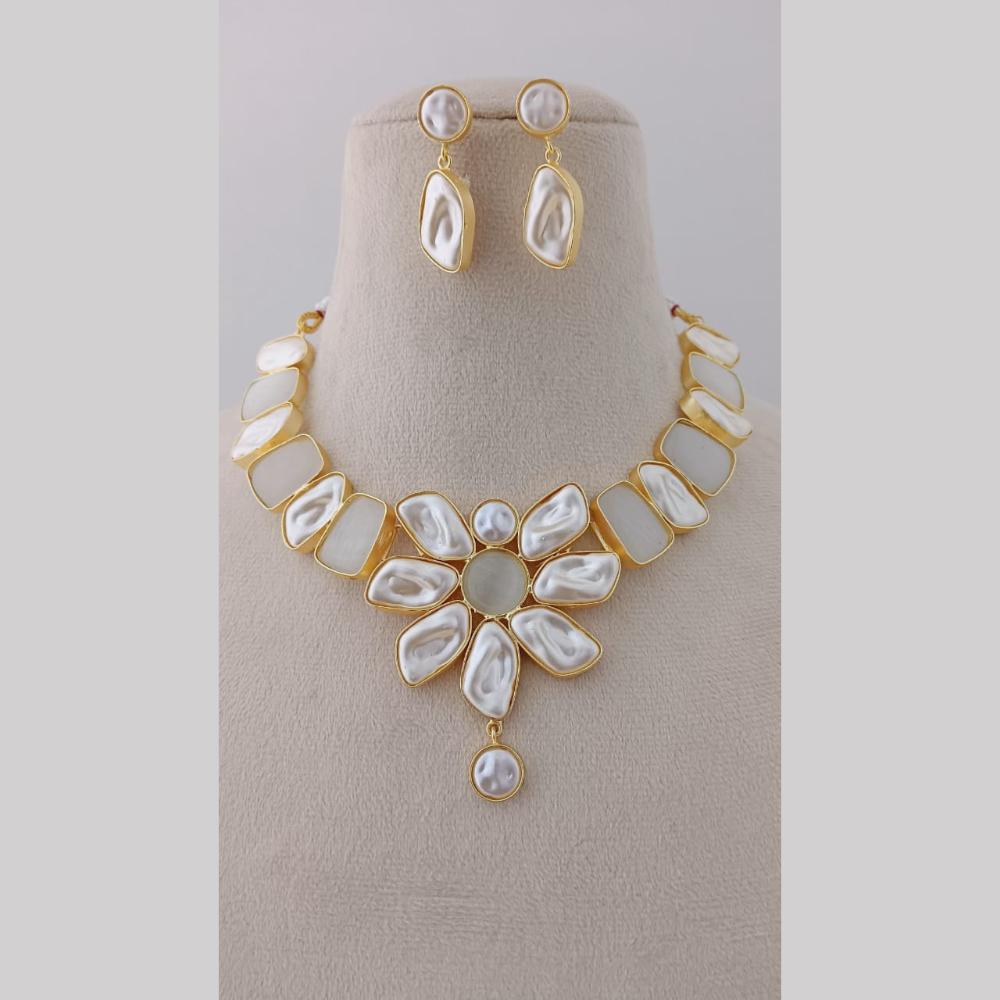 Marudhar Creations Gold Plated Matte Finish Pota Stone And Mother Of Pearls Necklace Set