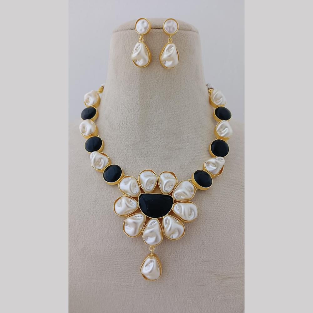 Marudhar Creations Gold Plated Matte Finish Pota Stone And Mother Of Pearls Necklace Set
