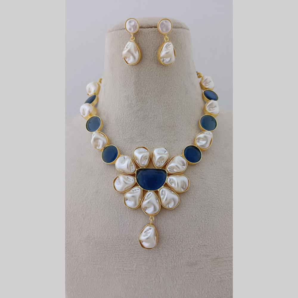 Marudhar Creations Gold Plated Matte Finish Pota Stone And Mother Of Pearls Necklace Set