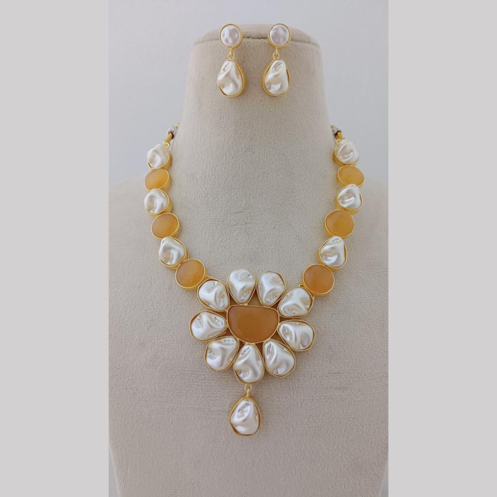 Marudhar Creations Gold Plated Matte Finish Pota Stone And Mother Of Pearls Necklace Set