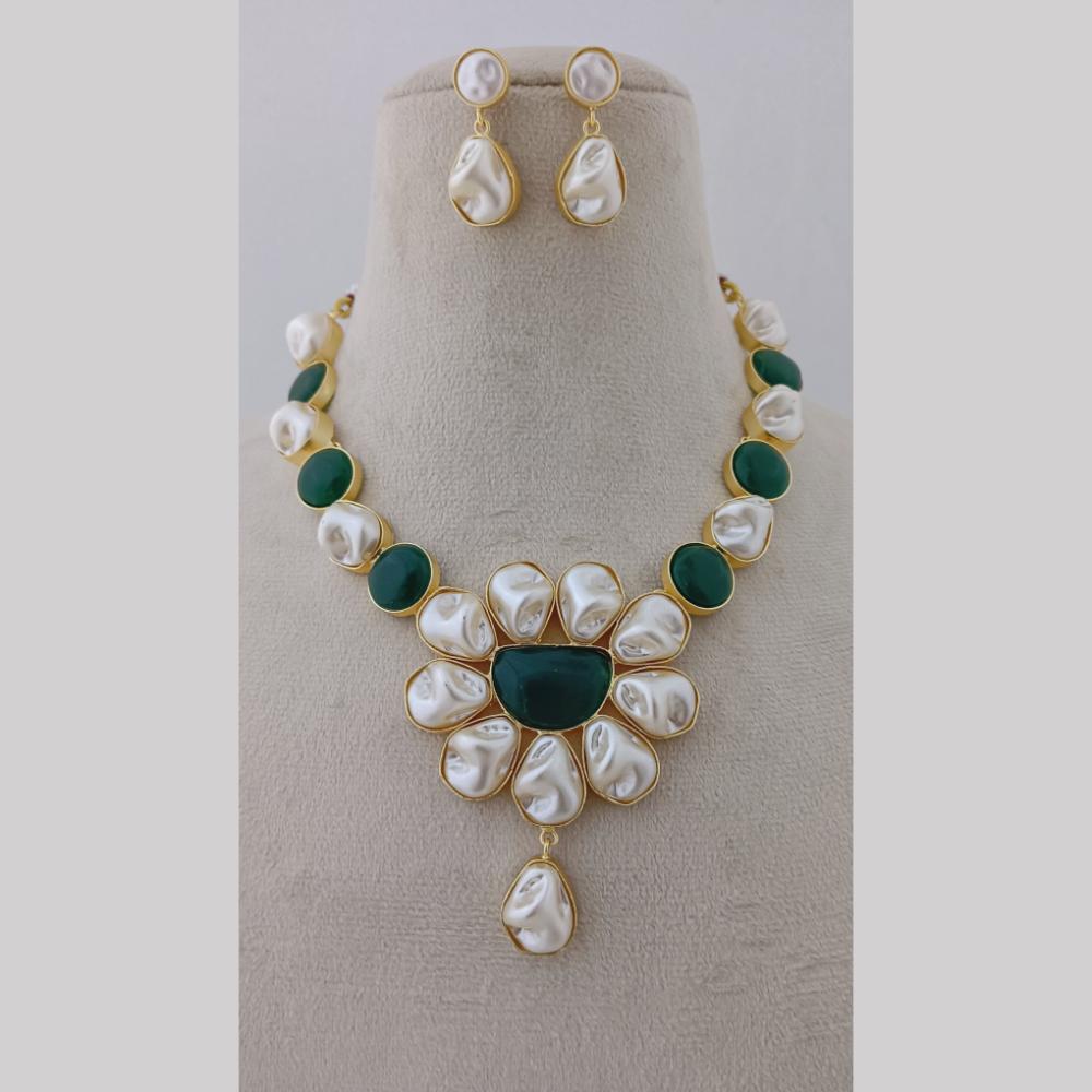 Marudhar Creations Gold Plated Matte Finish Pota Stone And Mother Of Pearls Necklace Set