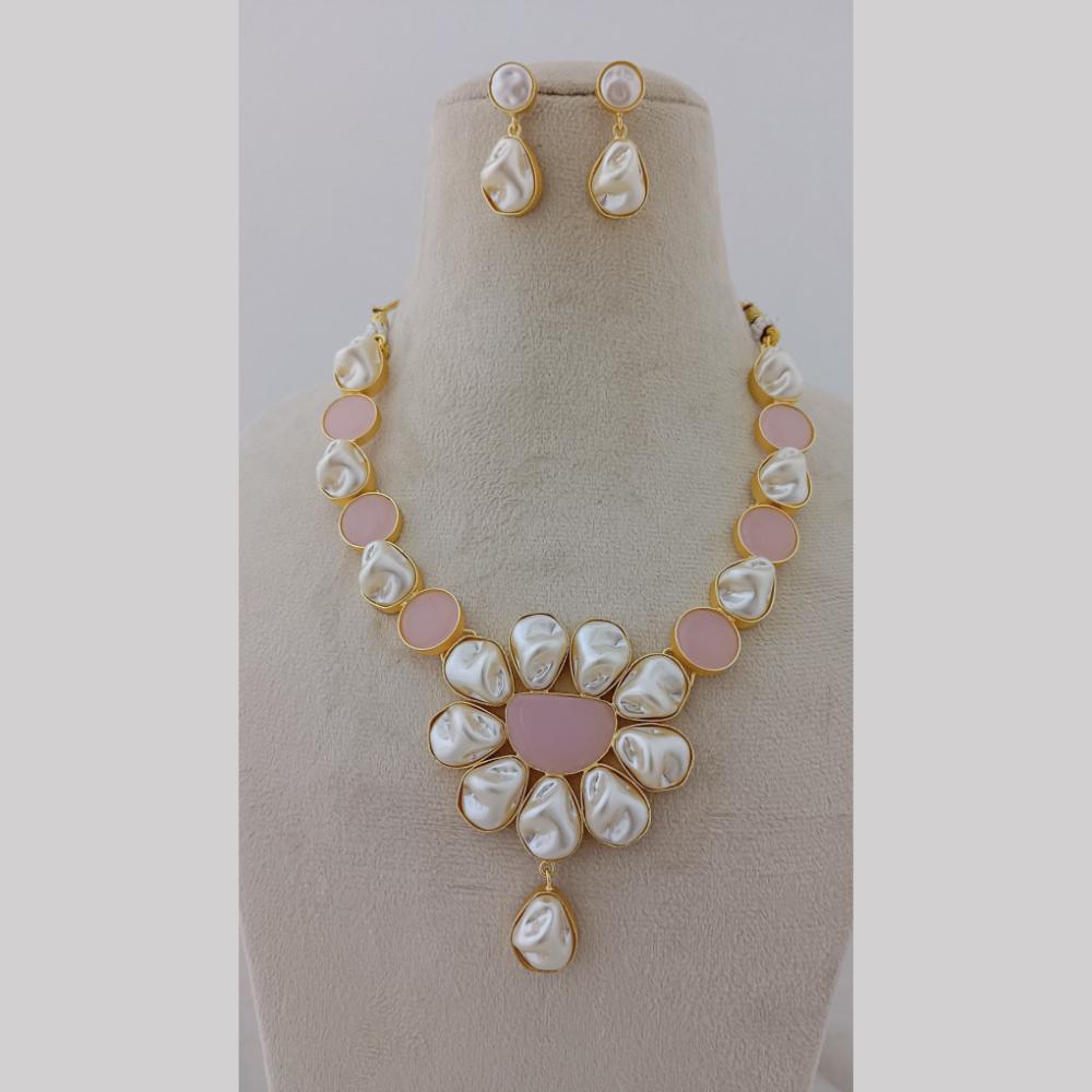 Marudhar Creations Gold Plated Matte Finish Pota Stone And Mother Of Pearls Necklace Set