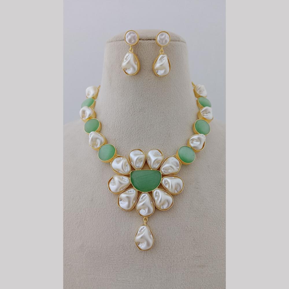 Marudhar Creations Gold Plated Matte Finish Pota Stone And Mother Of Pearls Necklace Set