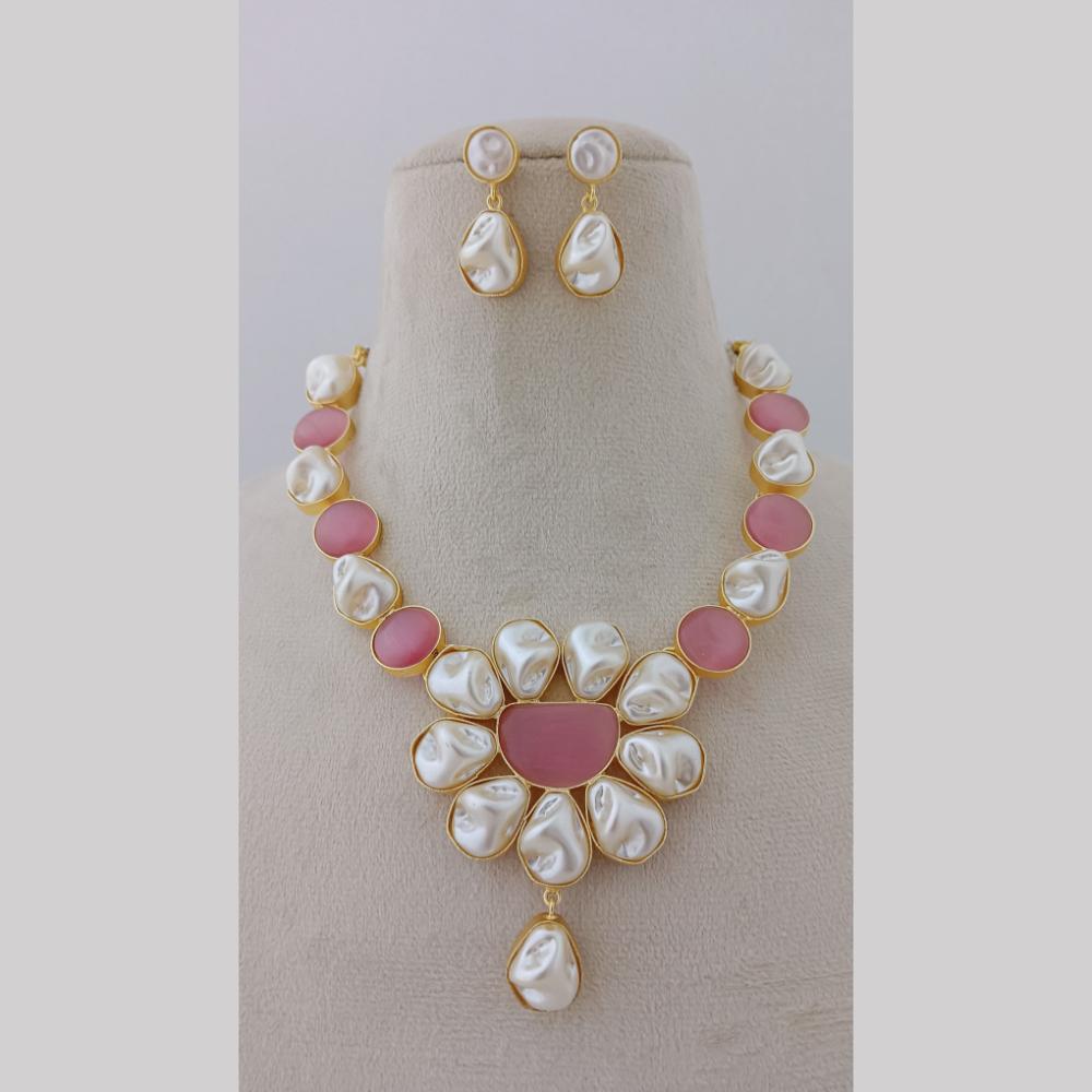 Marudhar Creations Gold Plated Matte Finish Pota Stone And Mother Of Pearls Necklace Set