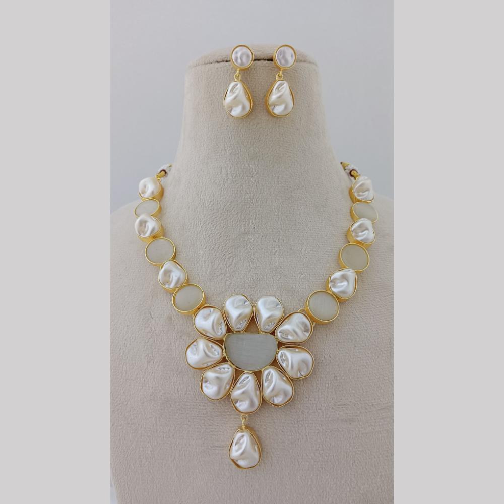 Marudhar Creations Gold Plated Matte Finish Pota Stone And Mother Of Pearls Necklace Set