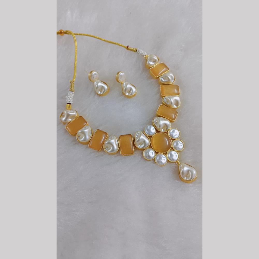 Marudhar Creations Gold Plated Matte Finish Pota Stone And Mother Of Pearls Necklace Set