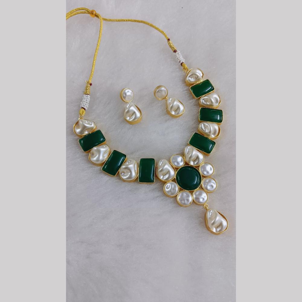 Marudhar Creations Gold Plated Matte Finish Pota Stone And Mother Of Pearls Necklace Set