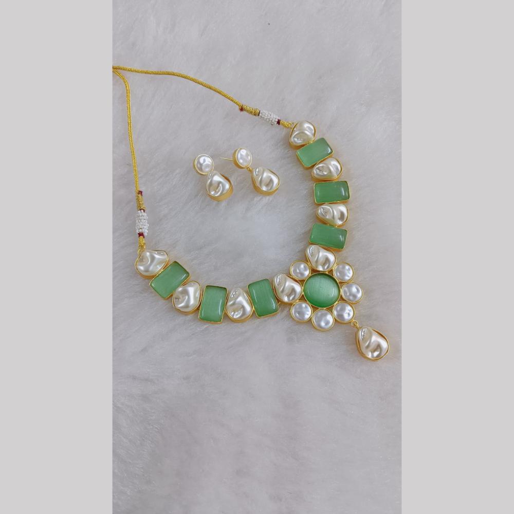 Marudhar Creations Gold Plated Matte Finish Pota Stone And Mother Of Pearls Necklace Set