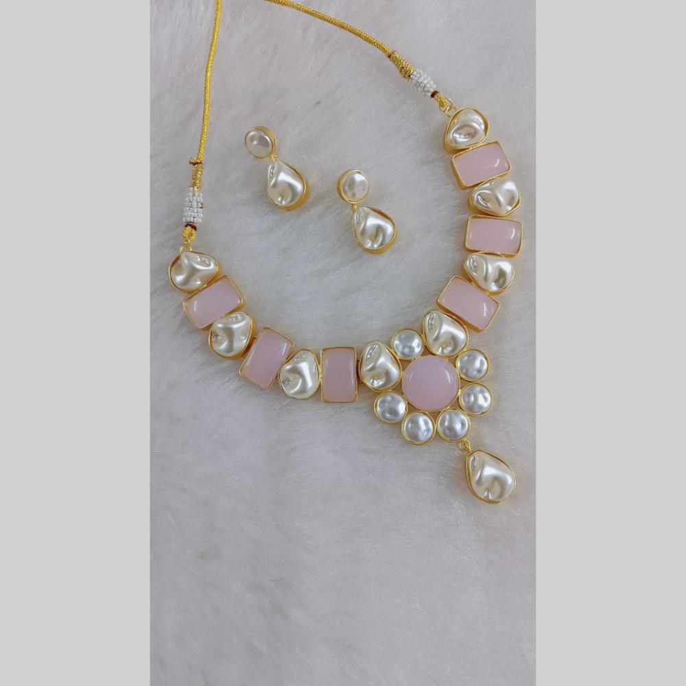 Marudhar Creations Gold Plated Matte Finish Pota Stone And Mother Of Pearls Necklace Set
