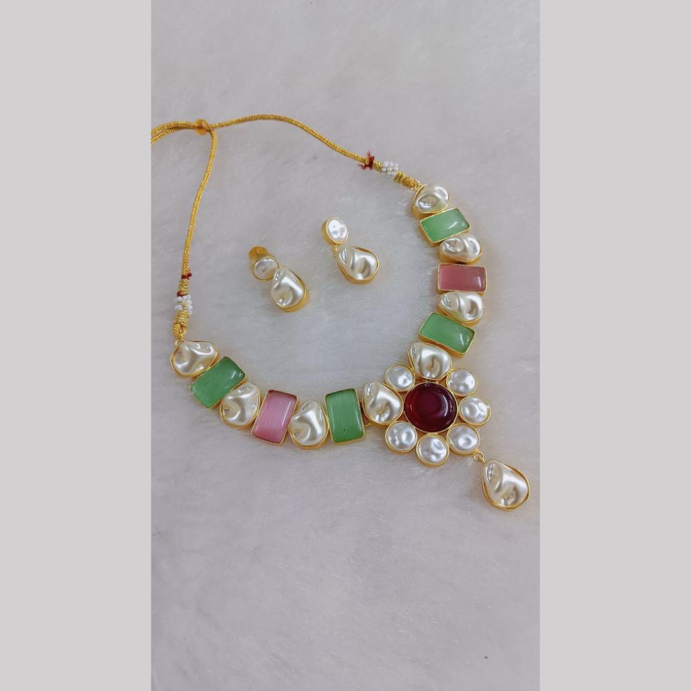 Marudhar Creations Gold Plated Matte Finish Pota Stone And Mother Of Pearls Necklace Set