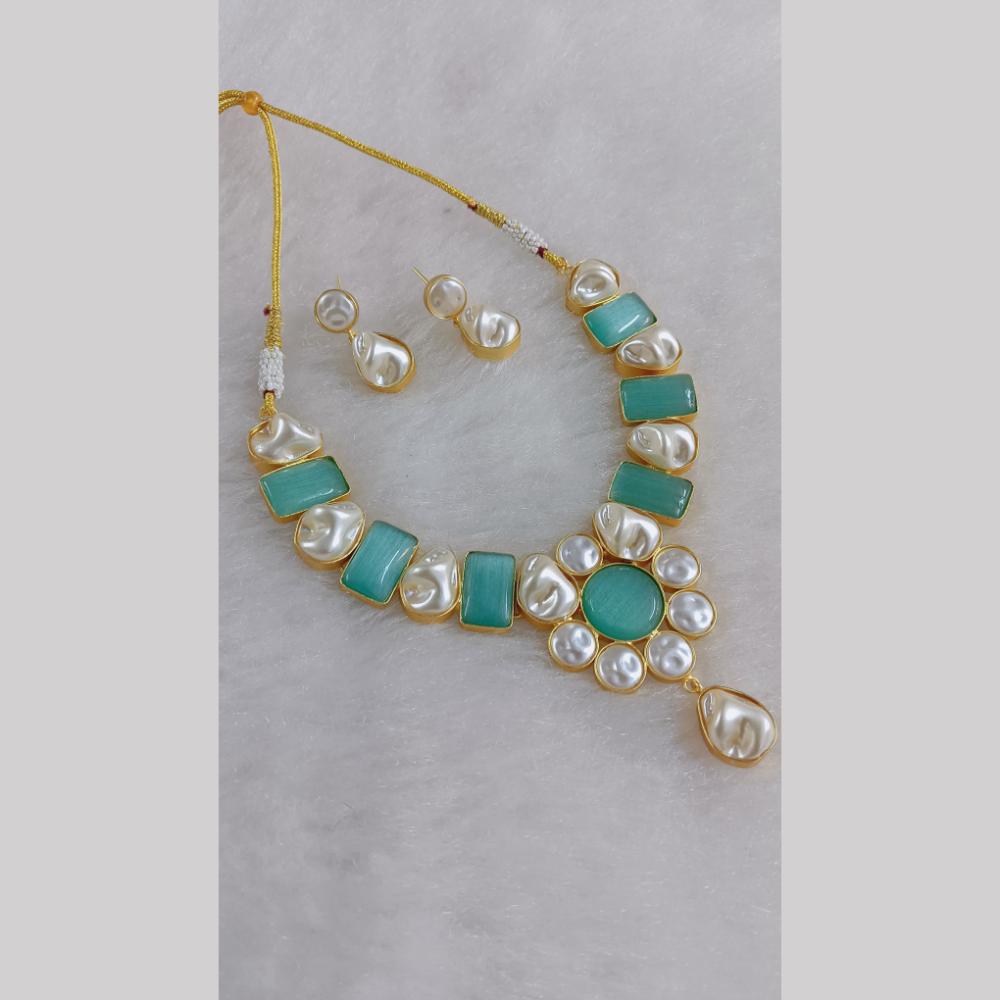 Marudhar Creations Gold Plated Matte Finish Pota Stone And Mother Of Pearls Necklace Set
