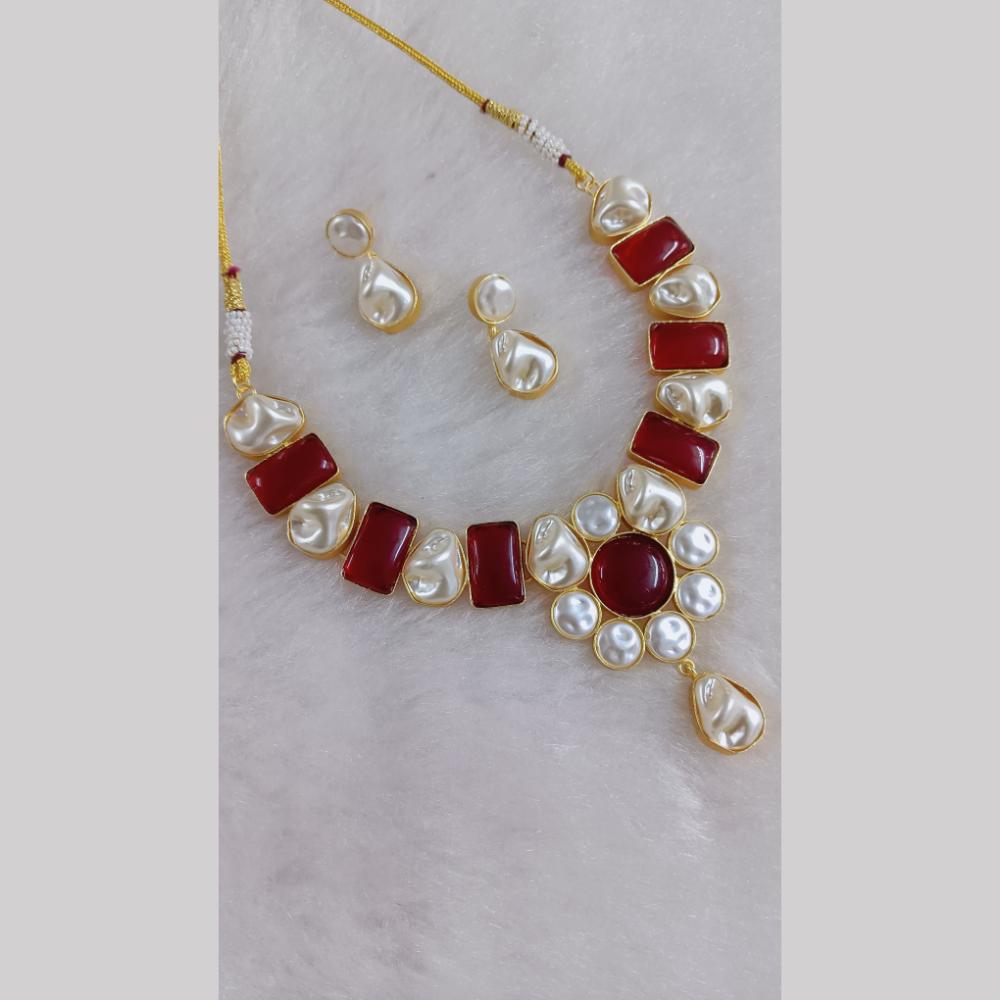 Marudhar Creations Gold Plated Matte Finish Pota Stone And Mother Of Pearls Necklace Set