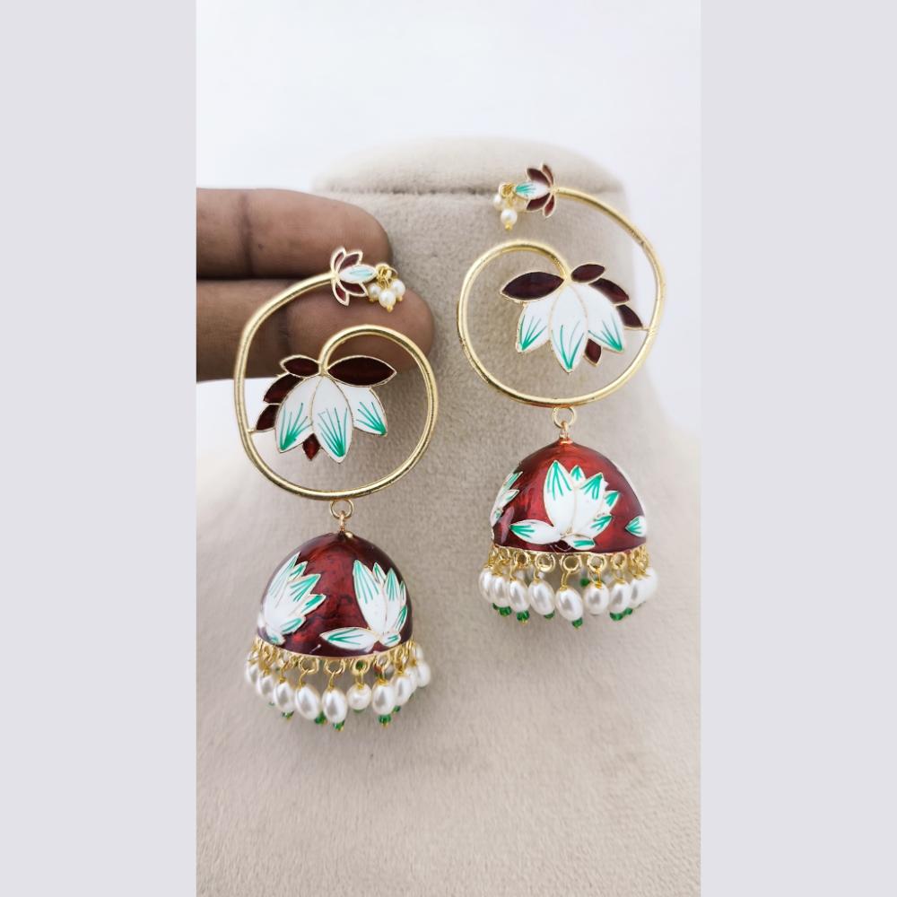 Marudhar Creations Royal Gold Matte Finish Pearl Meenakari Jhumki Earrings