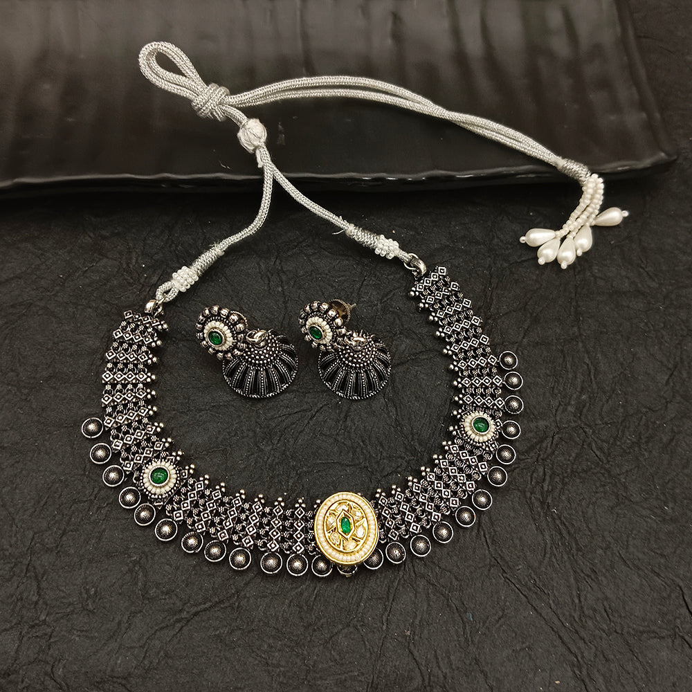 Deep Jewell Oxidised Plated Kundan And Pearl Necklace Set