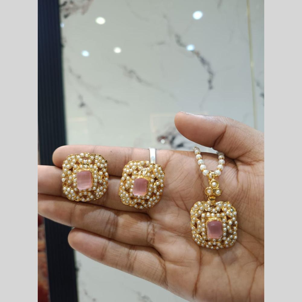 Everlasting Jadau Gold Plated Crystal Stone And Pearl Jadau Chain Pendent Set