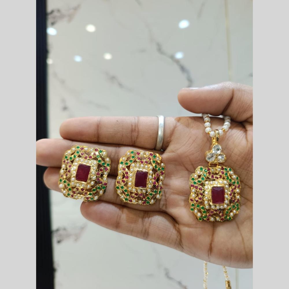 Everlasting Jadau Gold Plated Crystal Stone And Pearl Jadau Chain Pendent Set