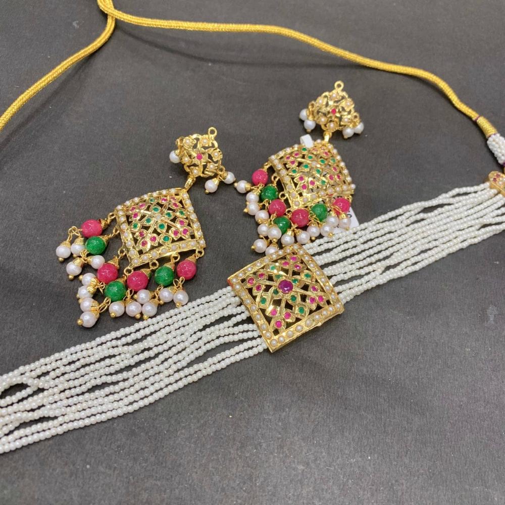 Everlasting Jadau Gold Plated Pota Stone Pearl Choker Necklace Set