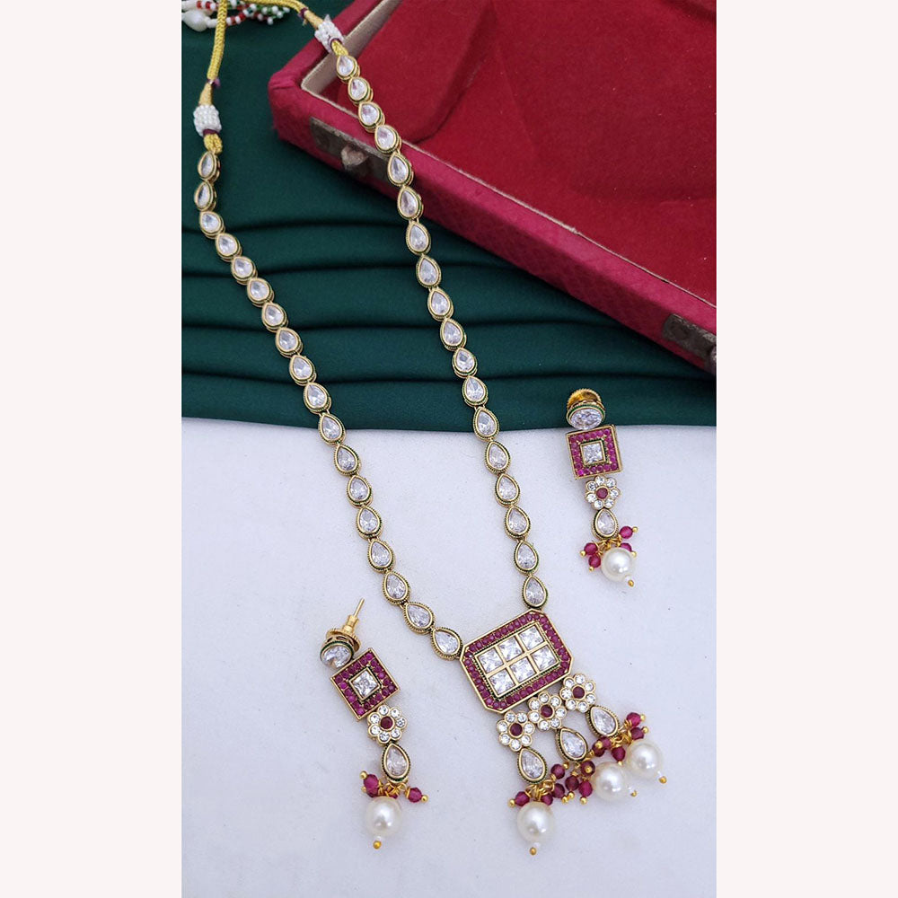 Abhinandan Classic Crystal Pearl And Pota Stone Beads Long Necklace Set