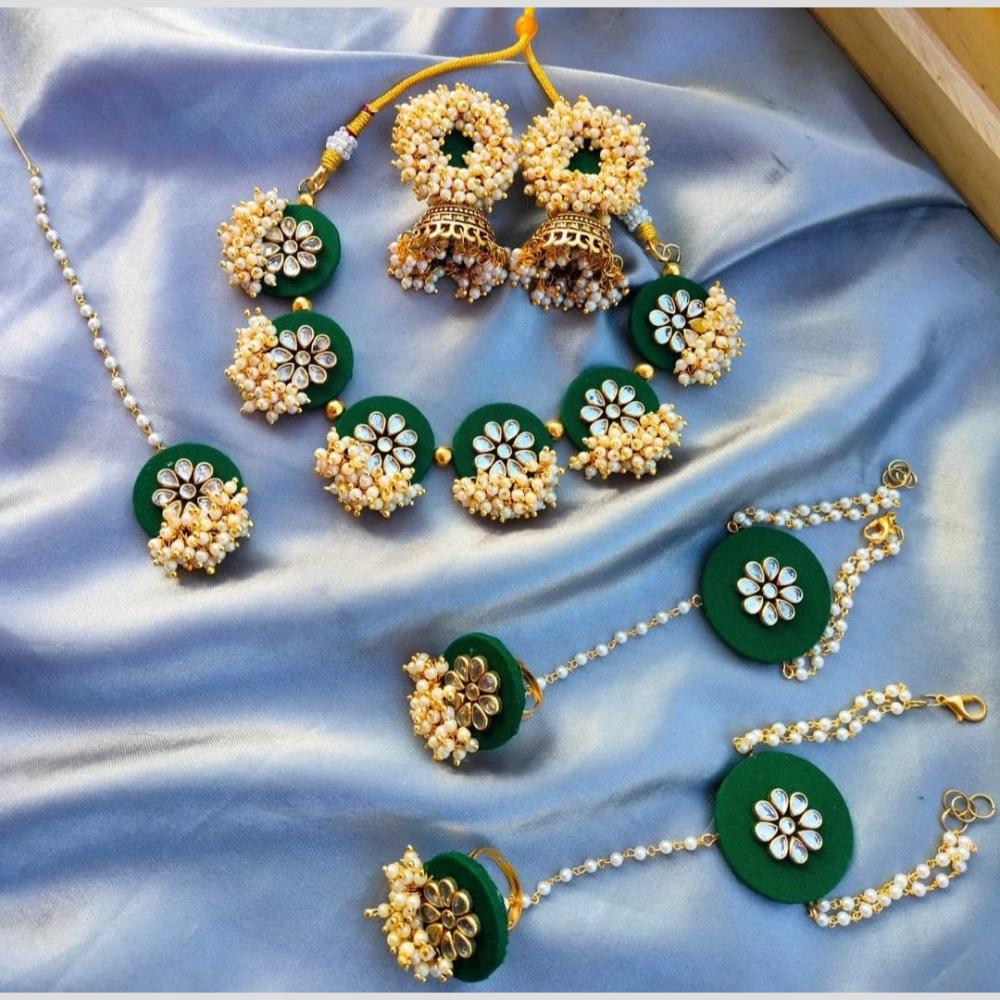 Handmade For Her Handmade Floral Pearl Jewelry Set for Women – Green Gota Patti Necklace, Earrings, Maang Tikka & Hathphool for Haldi, Mehendi & Festive Wear