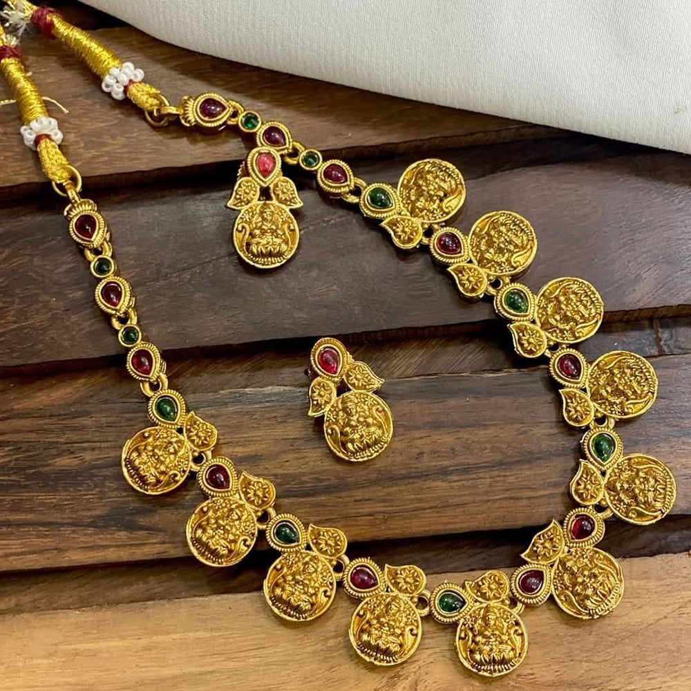 Joyful Jewel Art Matte Gold Plated Pota Stone And Temple Necklace Set