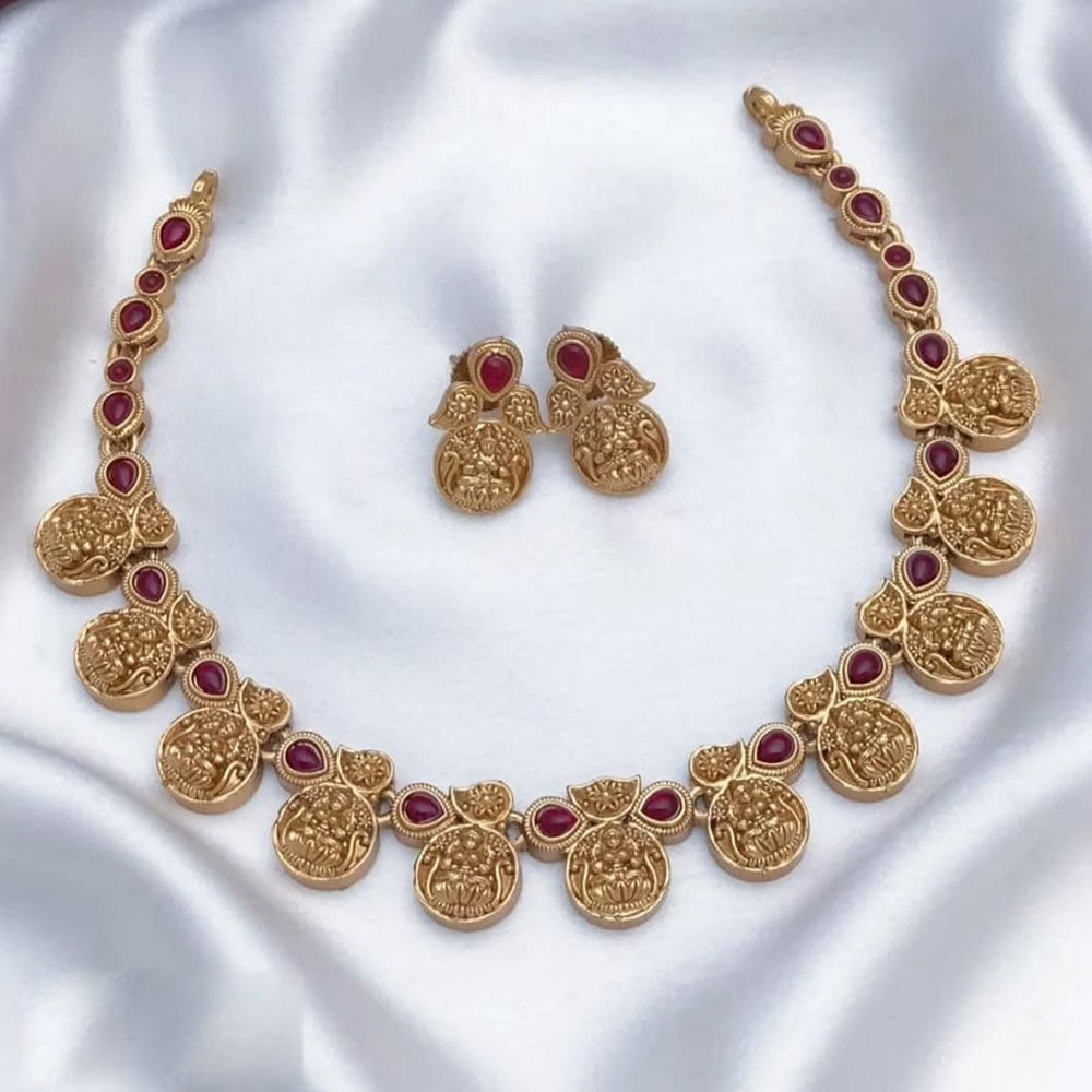 Joyful Jewel Art Matte Gold Plated Pota Stone And Temple Necklace Set