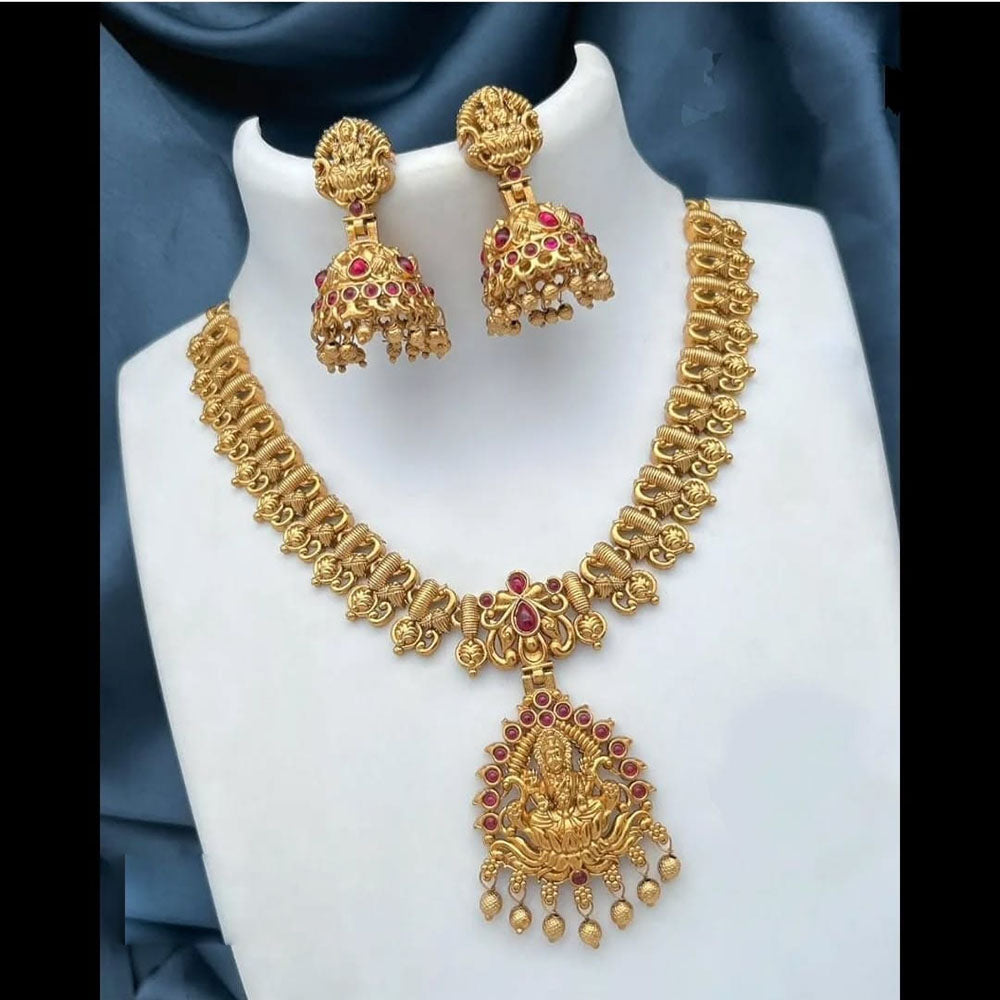 Joyful Jewel Art Matte Gold Plated Pota Stone And Temple Necklace Set