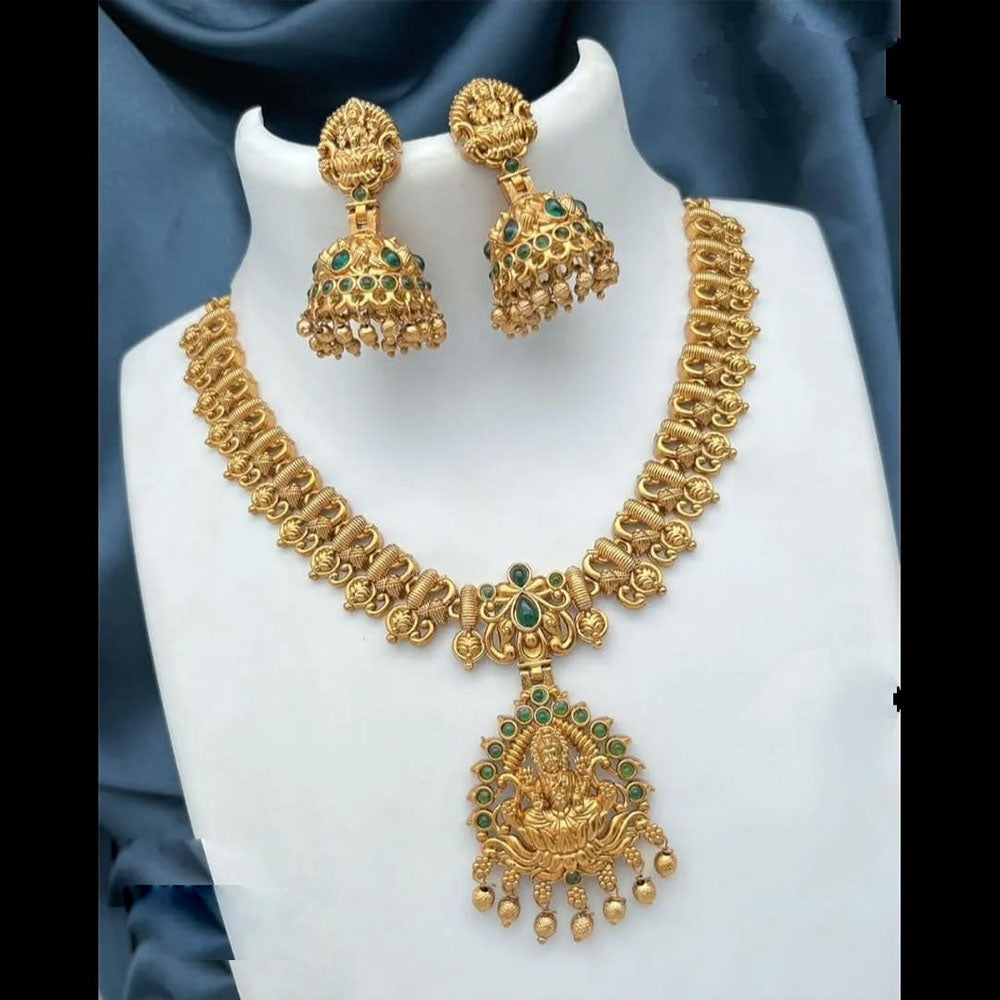 Joyful Jewel Art Matte Gold Plated Pota Stone And Temple Necklace Set