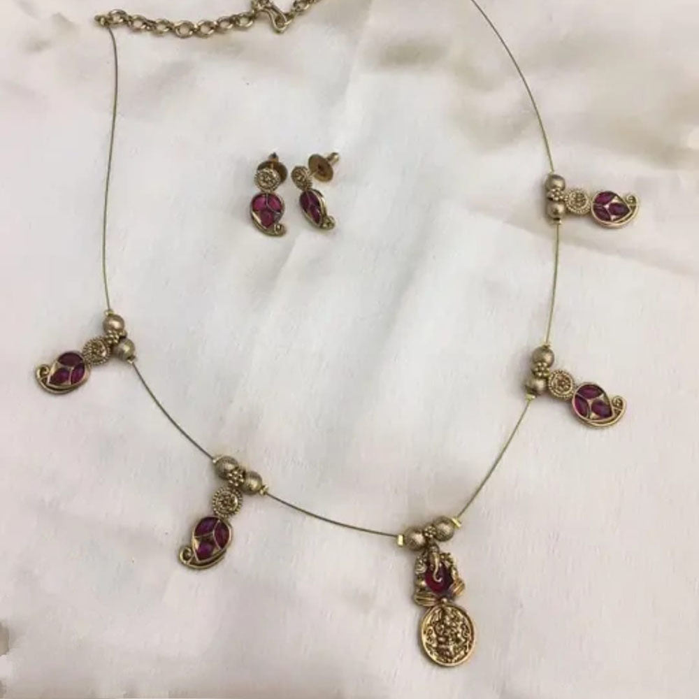 Joyful Jewel Art Matte Gold Plated Pota Stone Lord Ganesha Temple Necklace Set