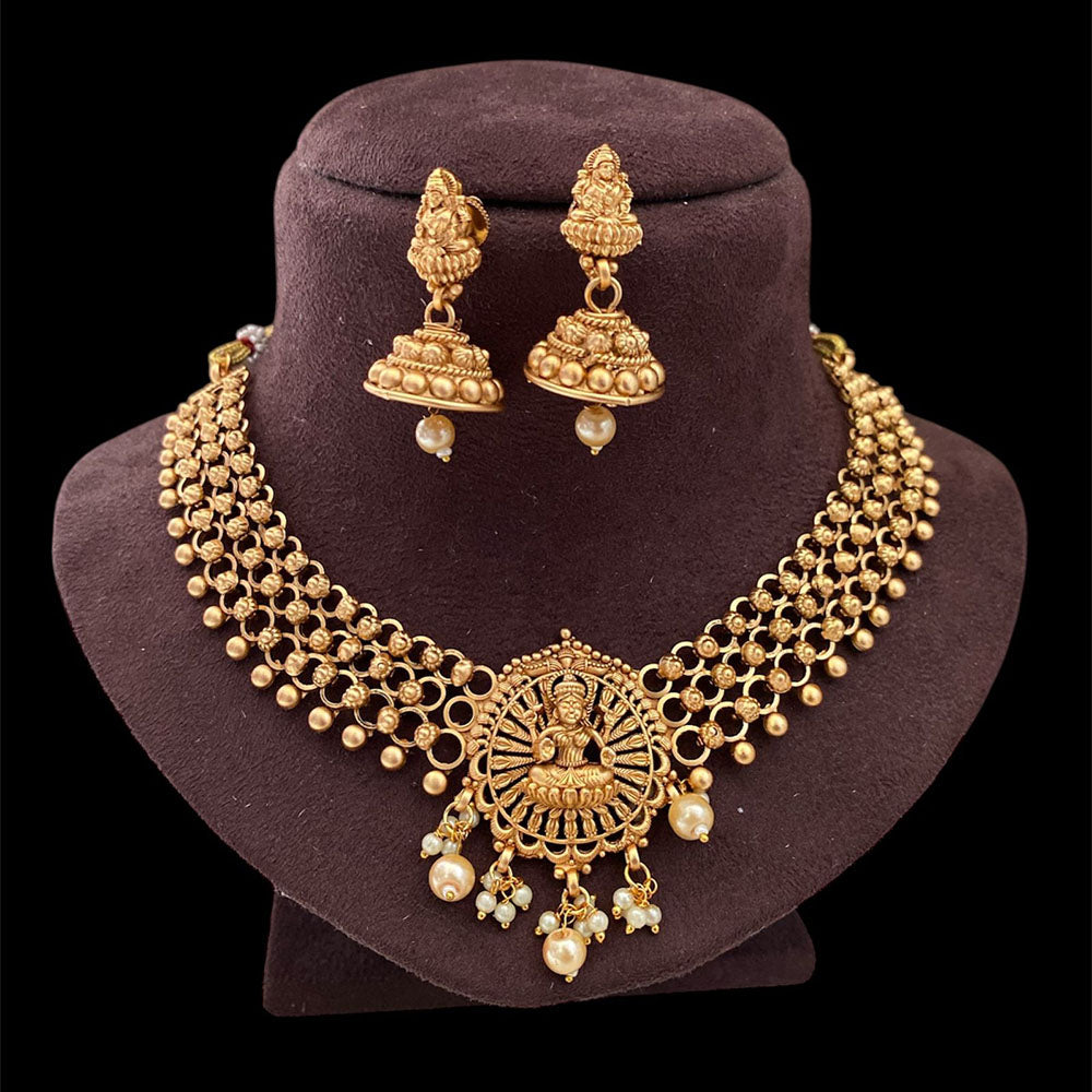 Joyful Jewel Art Matte Gold Plated Pearls Temple Necklace Set