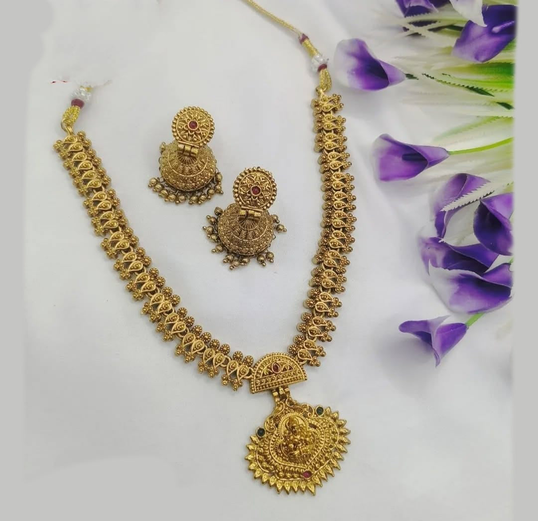 Joyful Jewel Art Matte Gold Plated Pota Stone Temple Necklace Set