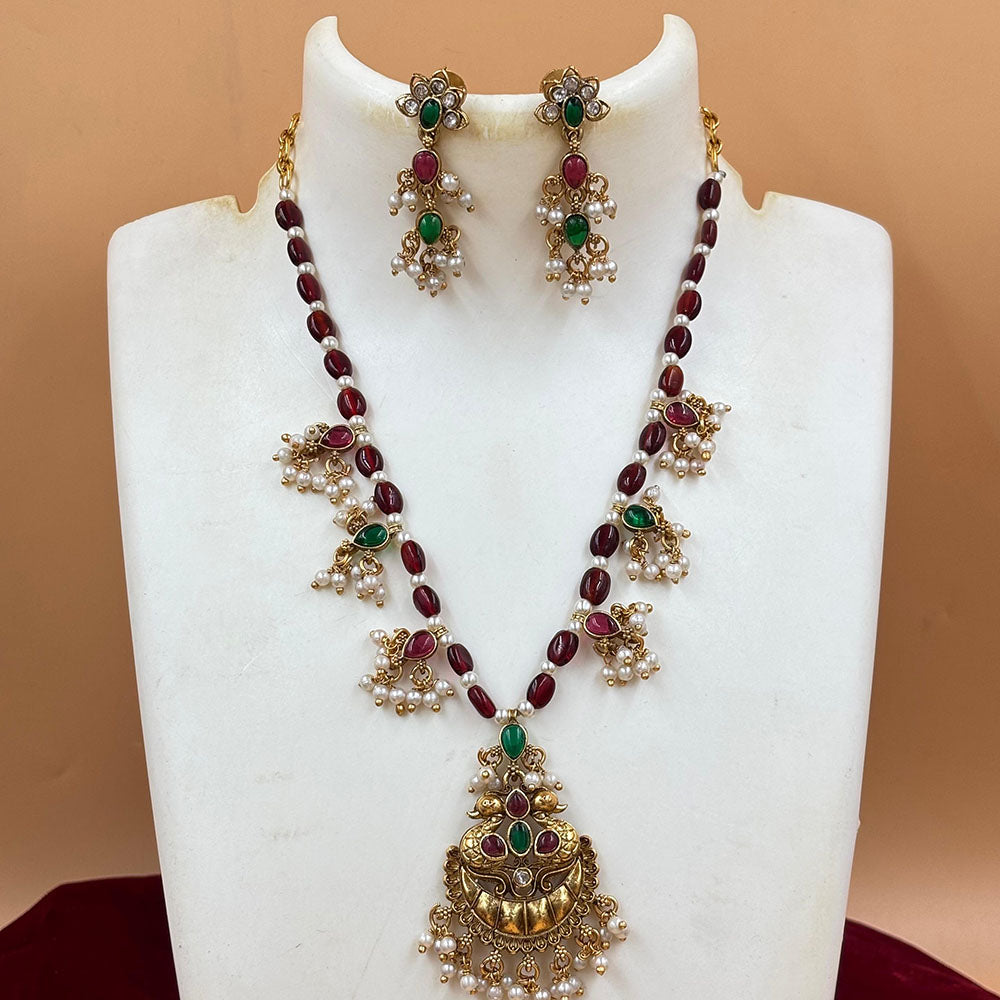 Joyful Jewel Art Matte Gold Plated Pota Stone And Pearls Necklace Set
