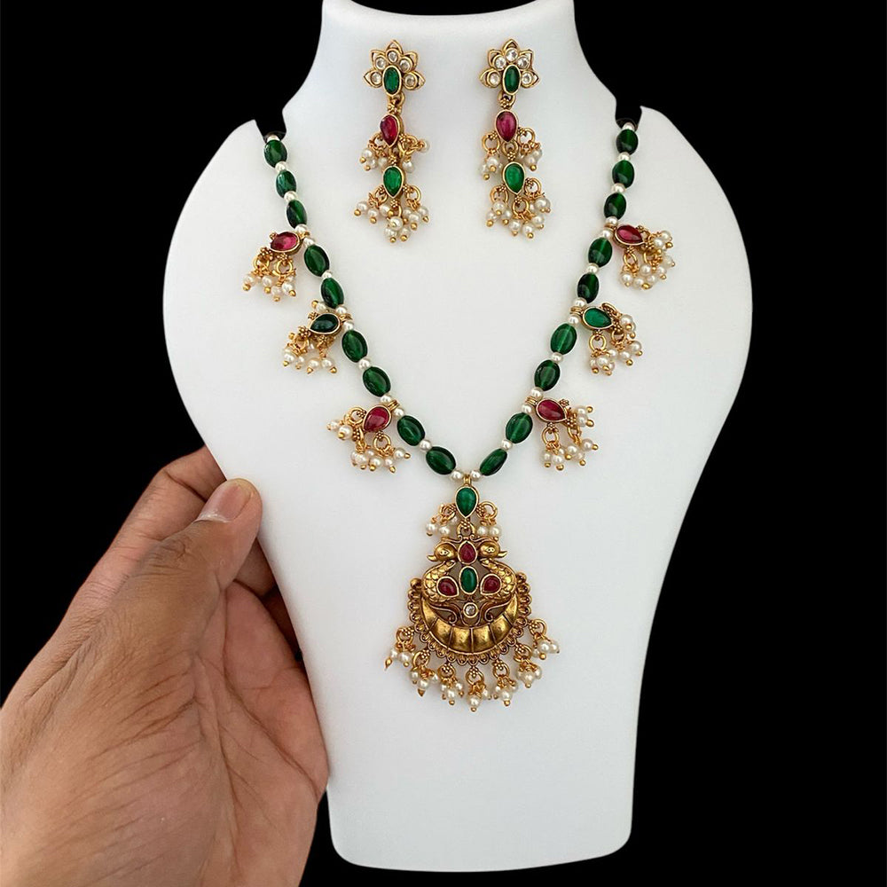 Joyful Jewel Art Matte Gold Plated Pota Stone And Beads Necklace Set