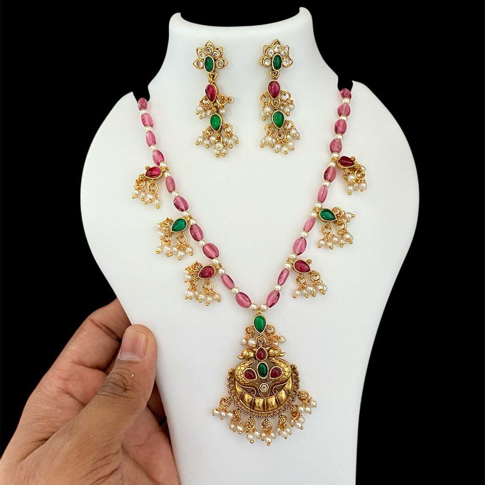 Joyful Jewel Art Matte Gold Plated Pota Stone And Beads Necklace Set