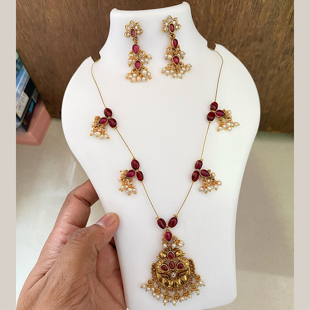Joyful Jewel Art Matte Gold Plated Pota Stone And Beads Necklace Set