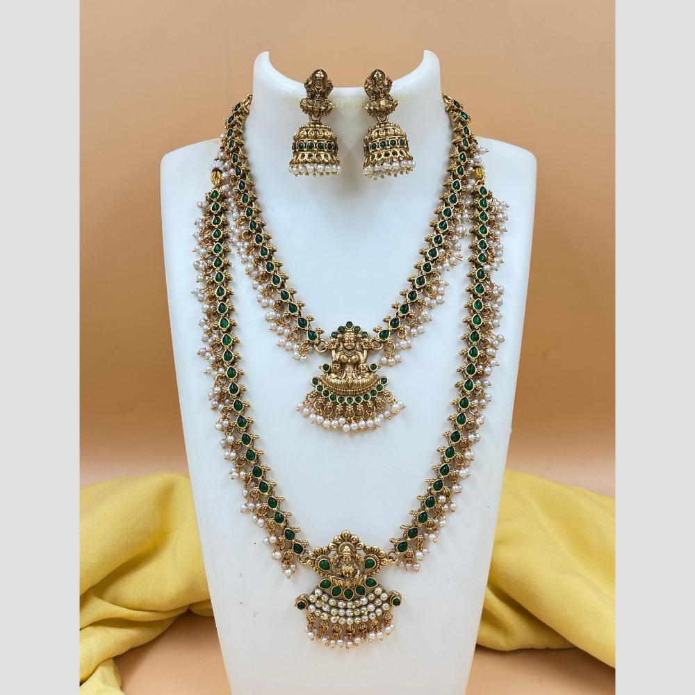 Joyful Jewel Art Matte Gold Plated Pota Stone And Pearl Temple Double Necklace Set