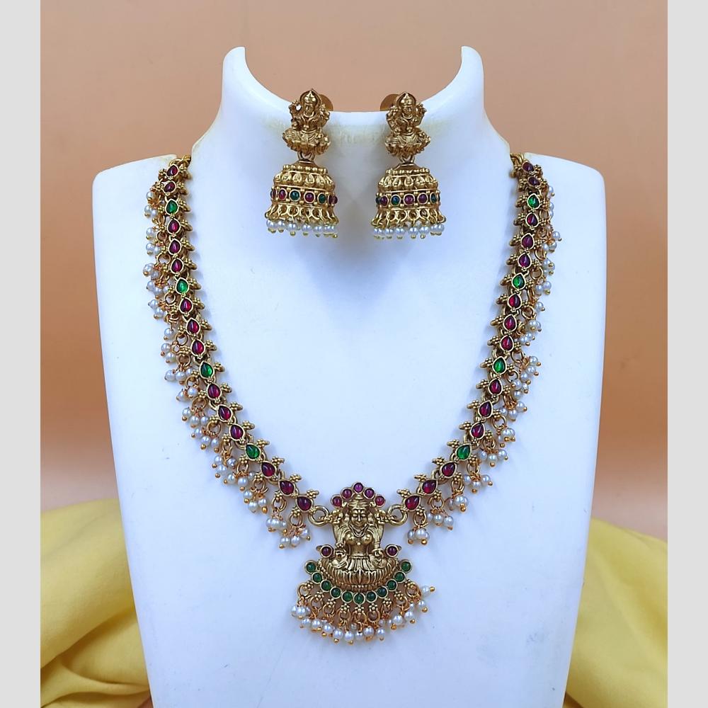 Joyful Jewel Art Matte Gold Plated Pota Stone And Pearl Temple Necklace Set