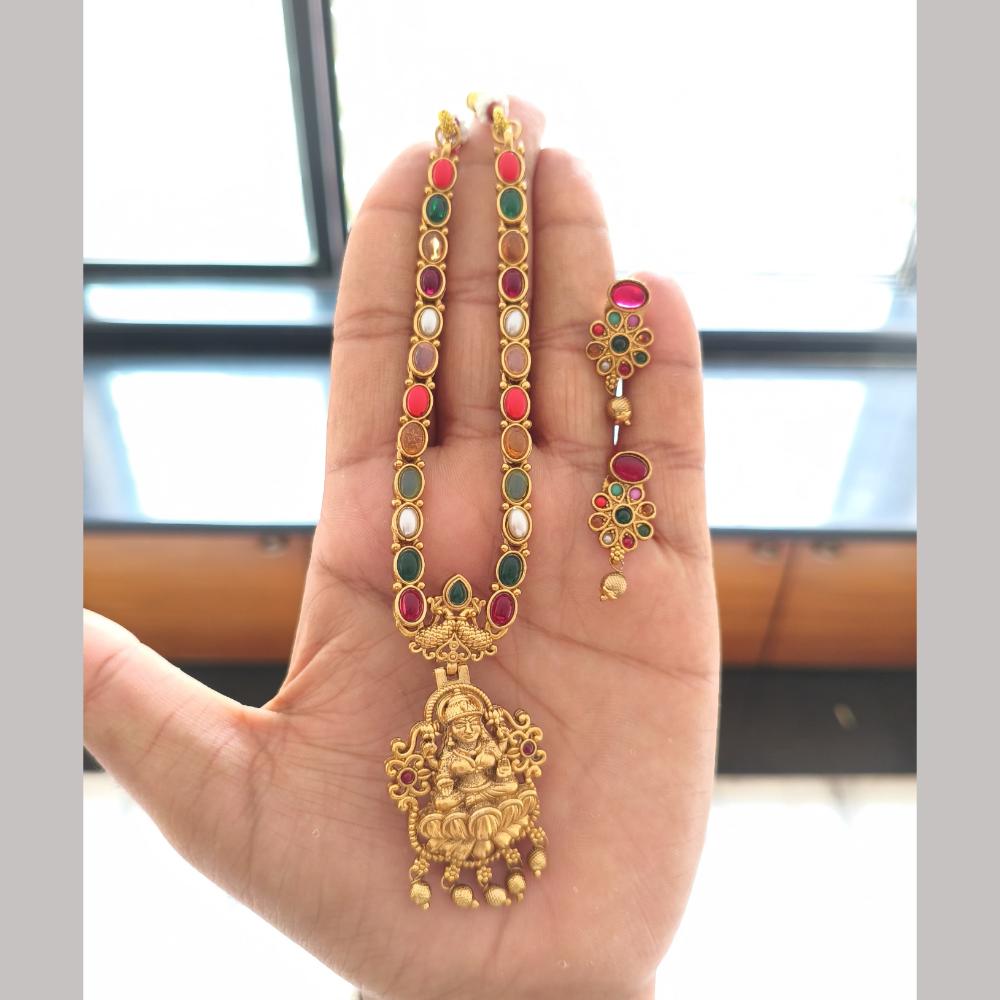 Joyful Jewel Art Matte Gold Plated Pota Stone And Temple Necklace Set